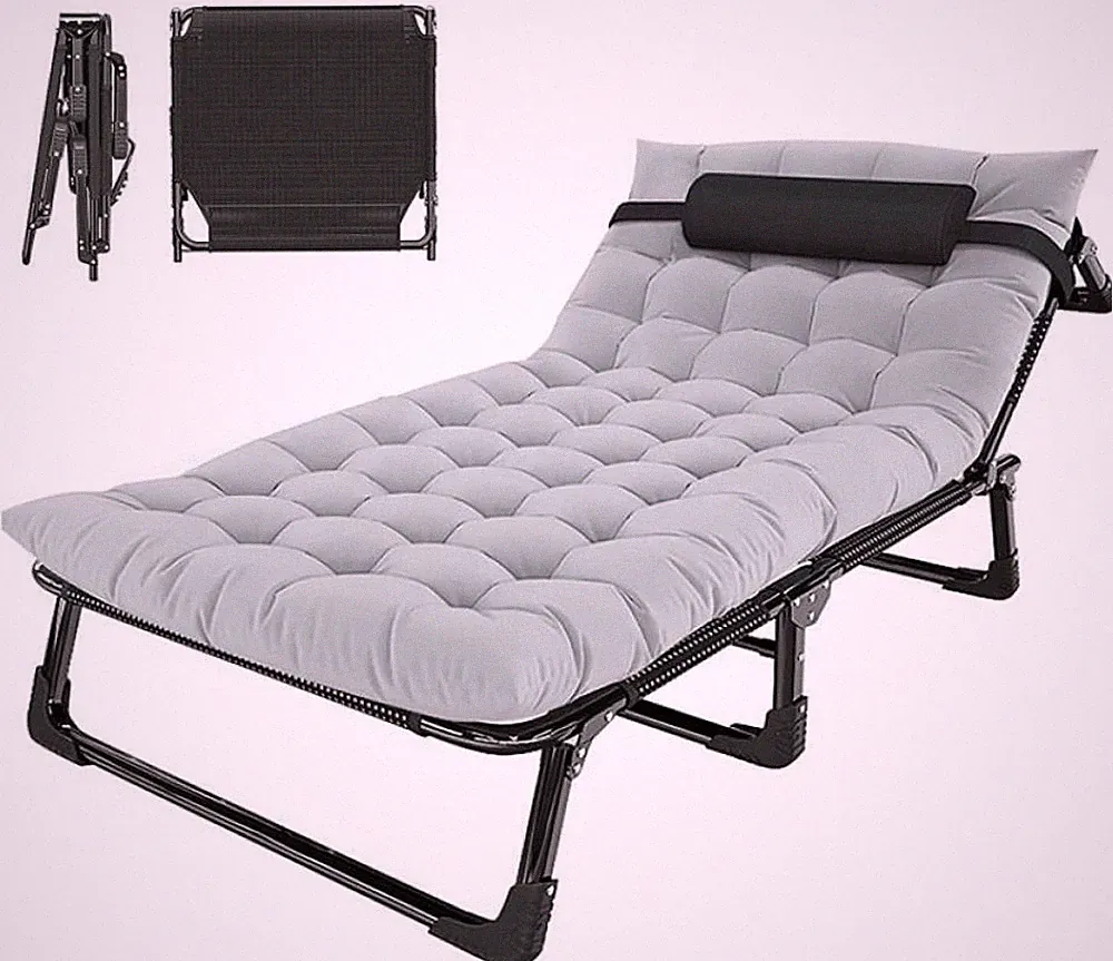 Camping Tri-Fold Cot Military Cot Folding Reclining Beach Lawn Chaise w/Headrest